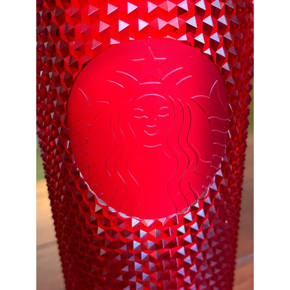 NIB Starbucks Ruby Red Studded Venti Cold Cup 24oz Tumbler with Lid and Straw